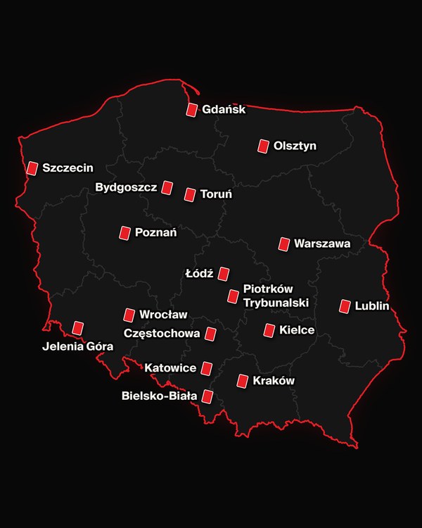 Mapa Polski z 17 miejscowościami, w których 22 października odbędą się demonstracje
