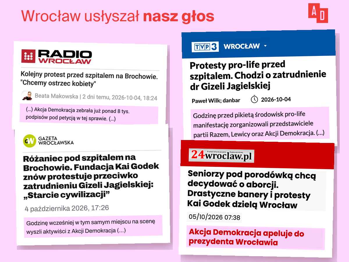 Nagłówki relacji Radia Wrocław, TVP3 Wrocław, Gazety Wrocławskiej i 24wroclaw.pl z 4 i 5 października 2026 o demonstracji pod szpitalem na Brochowie i postulatach Akcji Demokracji. Wrocław usłyszał nasz głos.