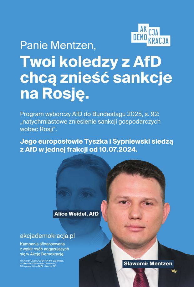 Plakat: Panie Mentzen, Twoi koledzy z AfD chcą znieść sankcje na Rosję