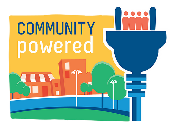Solar panels on neighborhood homes with the title "Community Power."