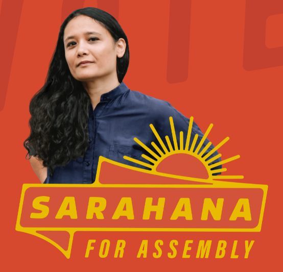 Image of Sarahana Shrestha and text "Sarahana for Assembly"