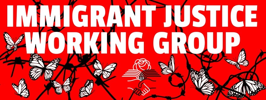 The words Immigrant Justice Working Group in large white block letters against a red background. Butterflies, symbolizing migration, and barbed wire, symbolizing restrictions of movement, fill the image behind the words