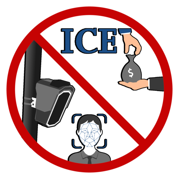 GBDSA TRBA Debarment Campaign Logo, showing a "forbidden" symbol over an ALPR camera, a facial recognition icon of a face-silhouette with connected nodes on it, and "ICE" beside a hand handing another hand a bag of money