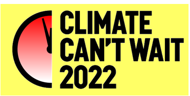 A logo that says "Climate Can't Wait 2022 in black writing with a yellow background a red clock"