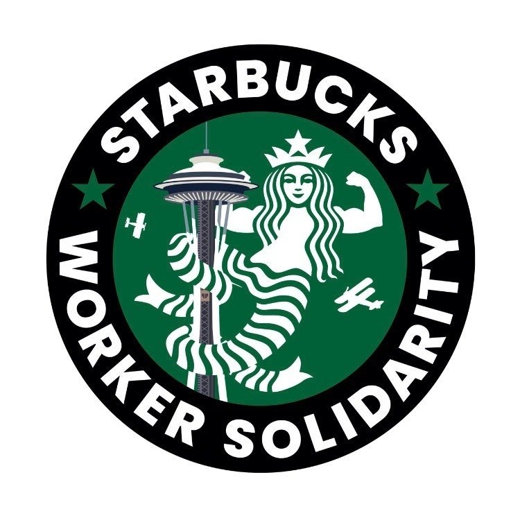 Starbucks solidarity logo. Muscley armed Starbucks mermaid