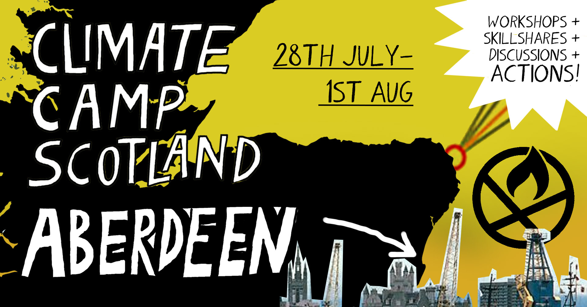 Banner illustration with text: climate camp scotland, aberdeen, 28th july to 1st August