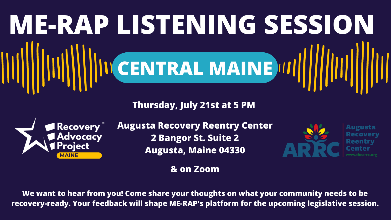 ME-RAP Listening Session for Southern Maine at the Portland Recovery Community Center on Tuesday, June 14th at 6 PM