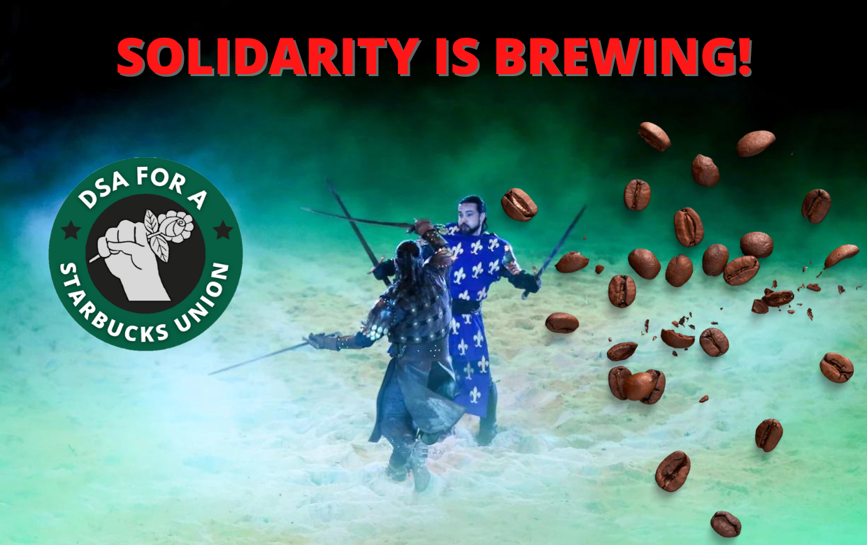 Solidarity is Brewing Campaign Logo: an union strong coffee between 2 roses