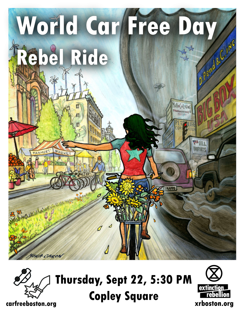 Woman riding a bicycle, signaling a left turn. On her right is a busy city filled with cars and smog. To her left is a clean and thriving with clean air and a healthy ecosystem.