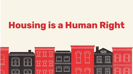 Alternating red and black drawings of row houses, under red text that reads "Housing is a Human Right"