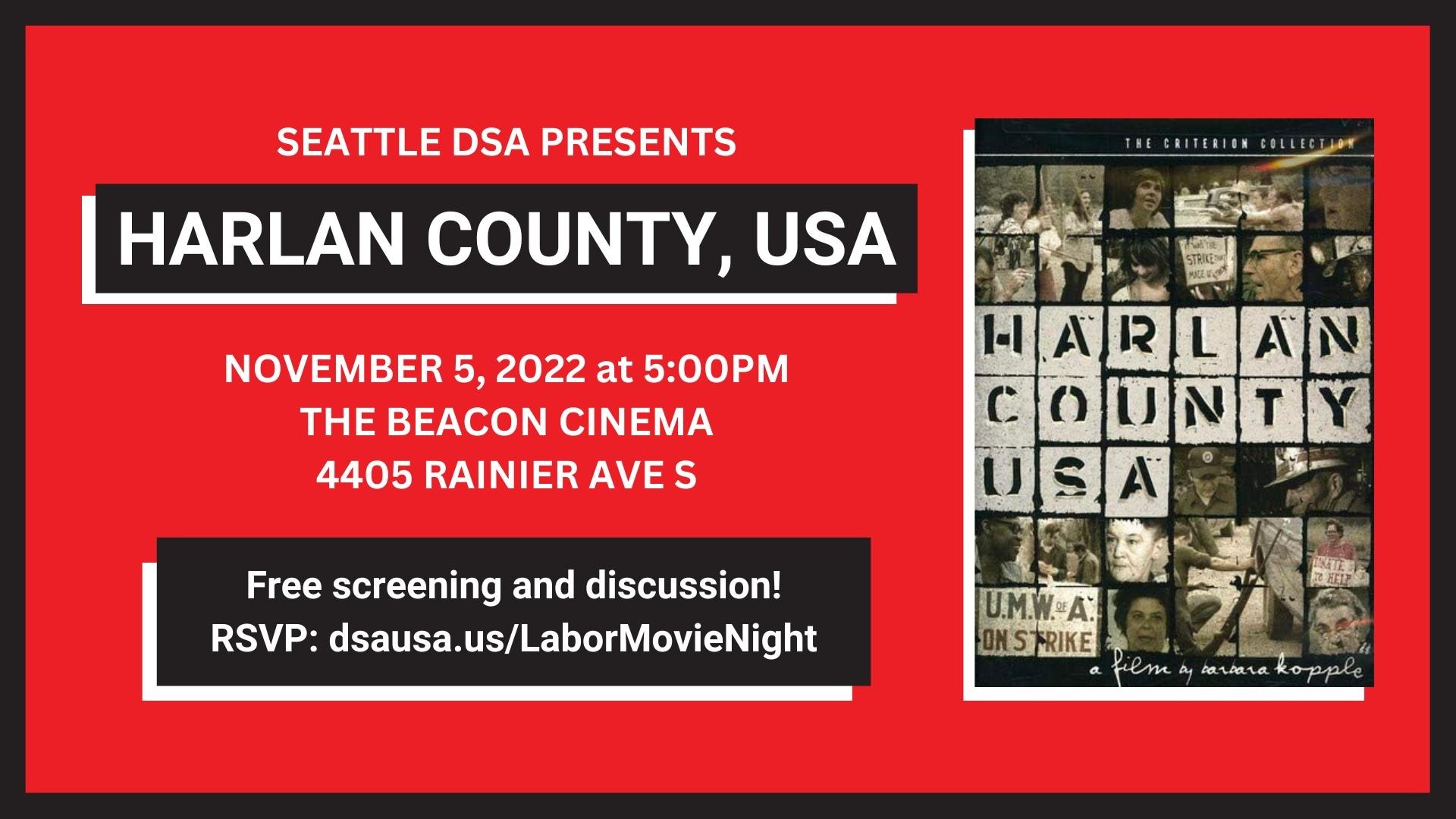 Labor Movie night at the beacon cinema, Saturday November 5th at 5pm. Harlem County USA!