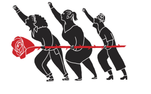 Three black silhouettes of women with their right hands raised in defiance, their left hands holding one large red rose