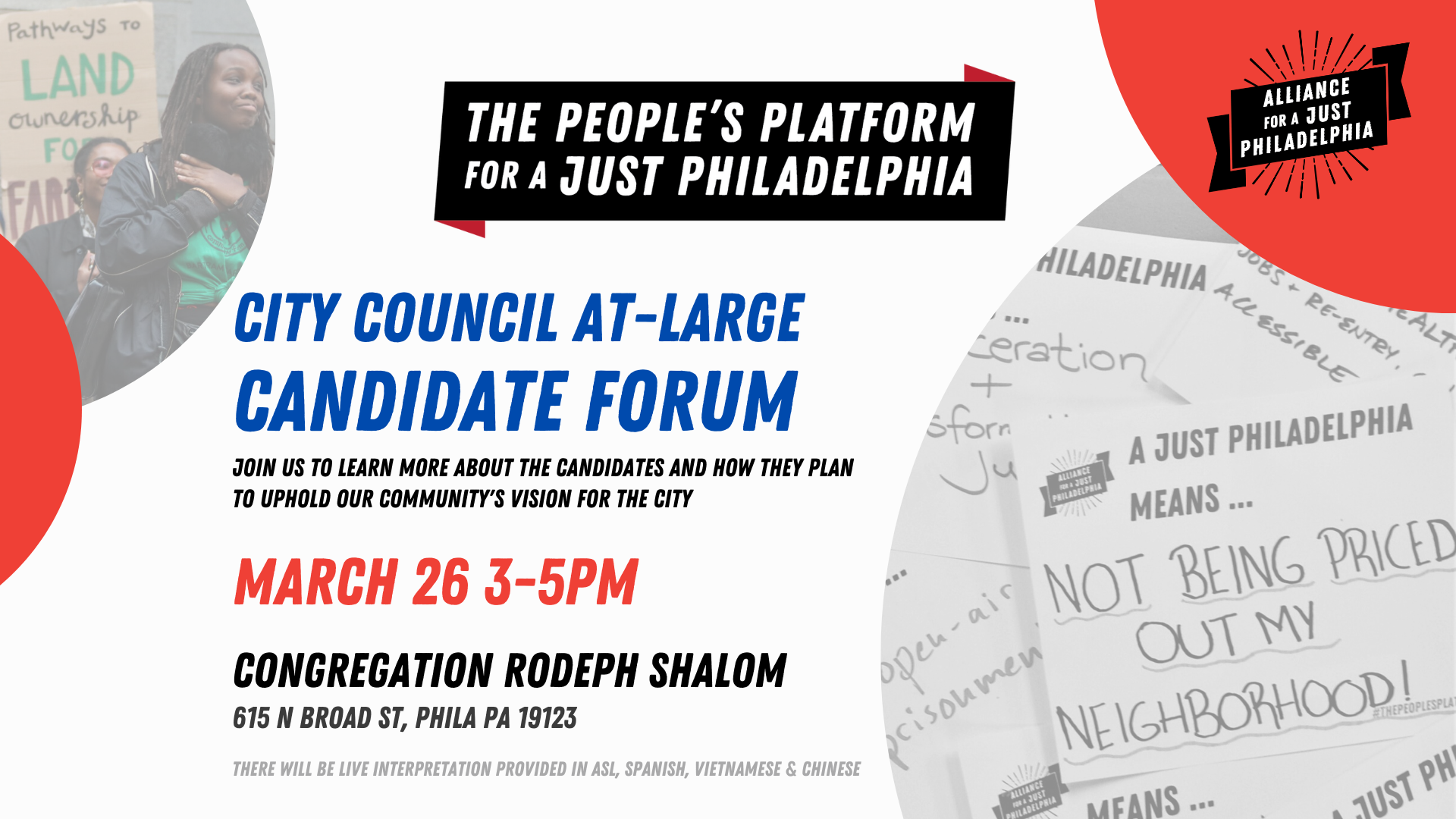 candidate forum graphic displays event information in red, blue and black text with photos from a rally and a sign that says "a just philadelphia means not being priced out of my neighborhood!" 