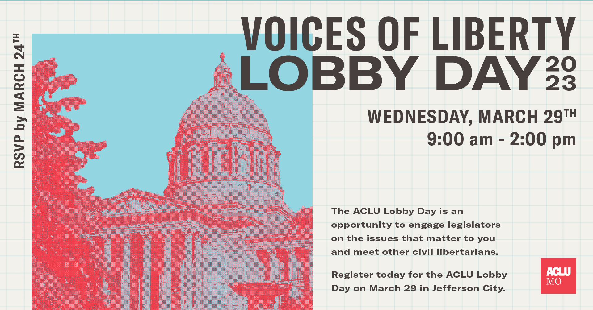 The ACLU of Missouri’s annual lobby day gives civil libertarians a chance to build community while speaking directly with legislators on the issues that matter.  Join us and engage in democracy on Wednesday, March 29.  