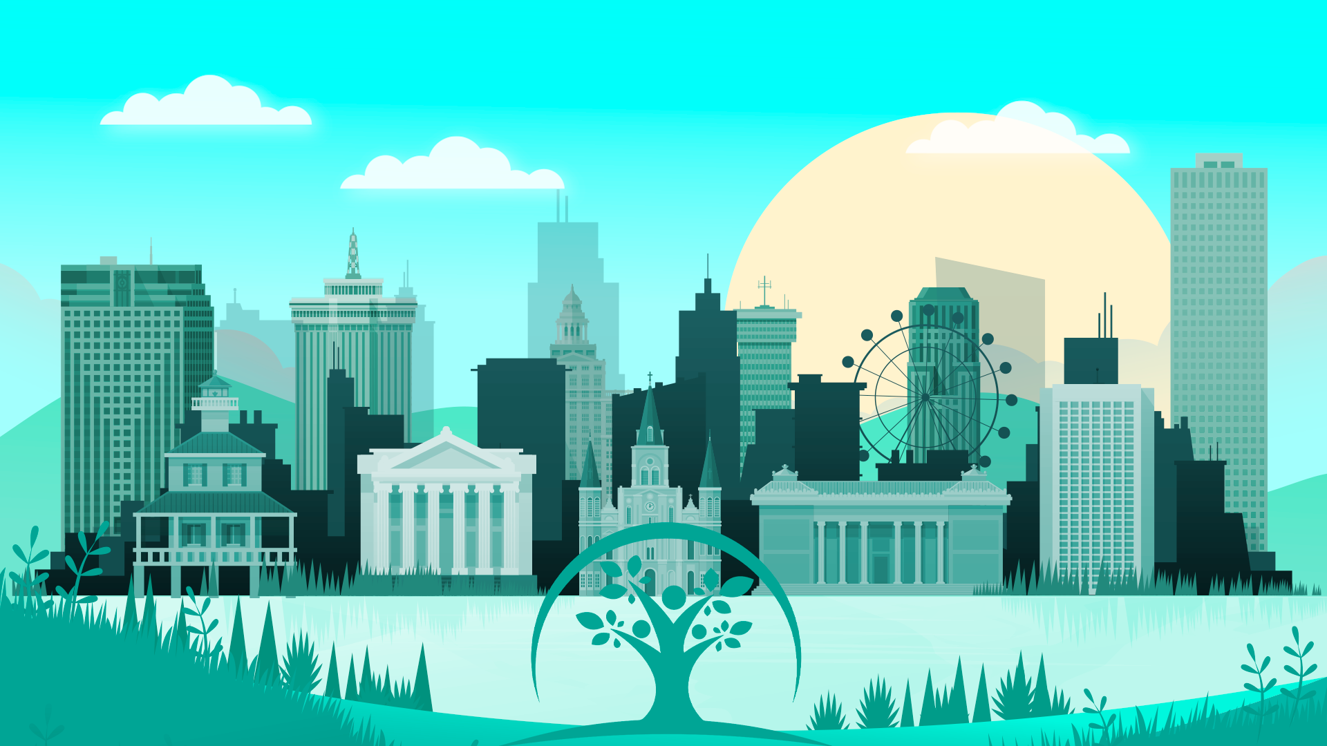 A simplified graphic of various iconic places in Blvbancha (New Orleans)