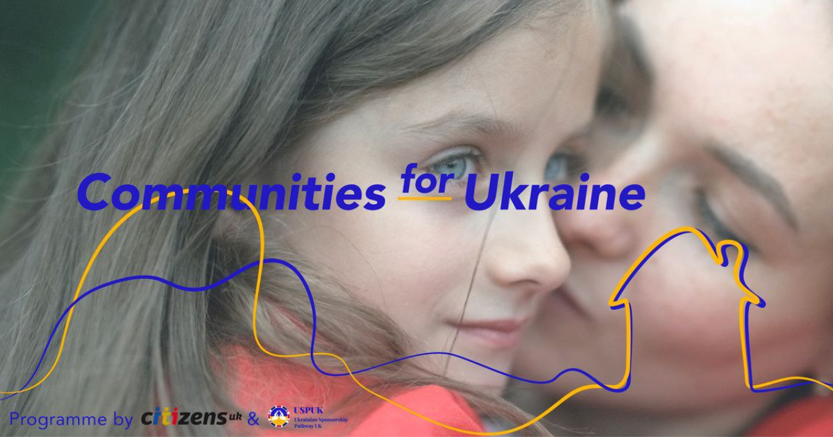 Communities for Ukraine banner image - yellow and blue text on an image of a mother and child