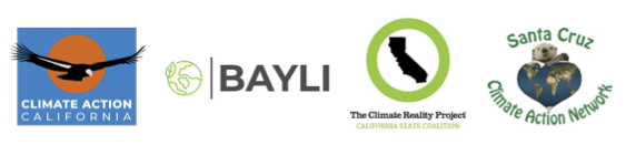 logos of Climate Action California, Climate Reality CA Coalition, BAYLI, and Santa Cruz Climate Action Network