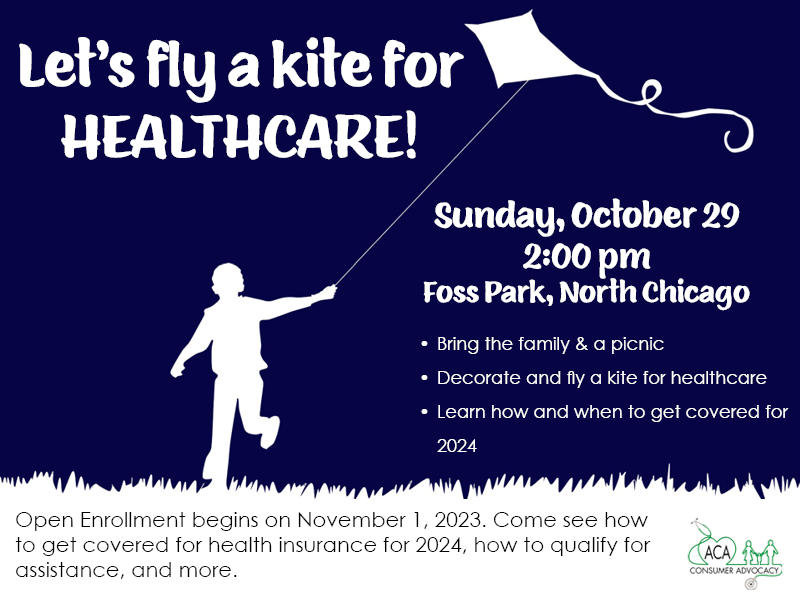 A blue image of a child in silhouette flying a kite with the words Fly a Kite for Healthcare