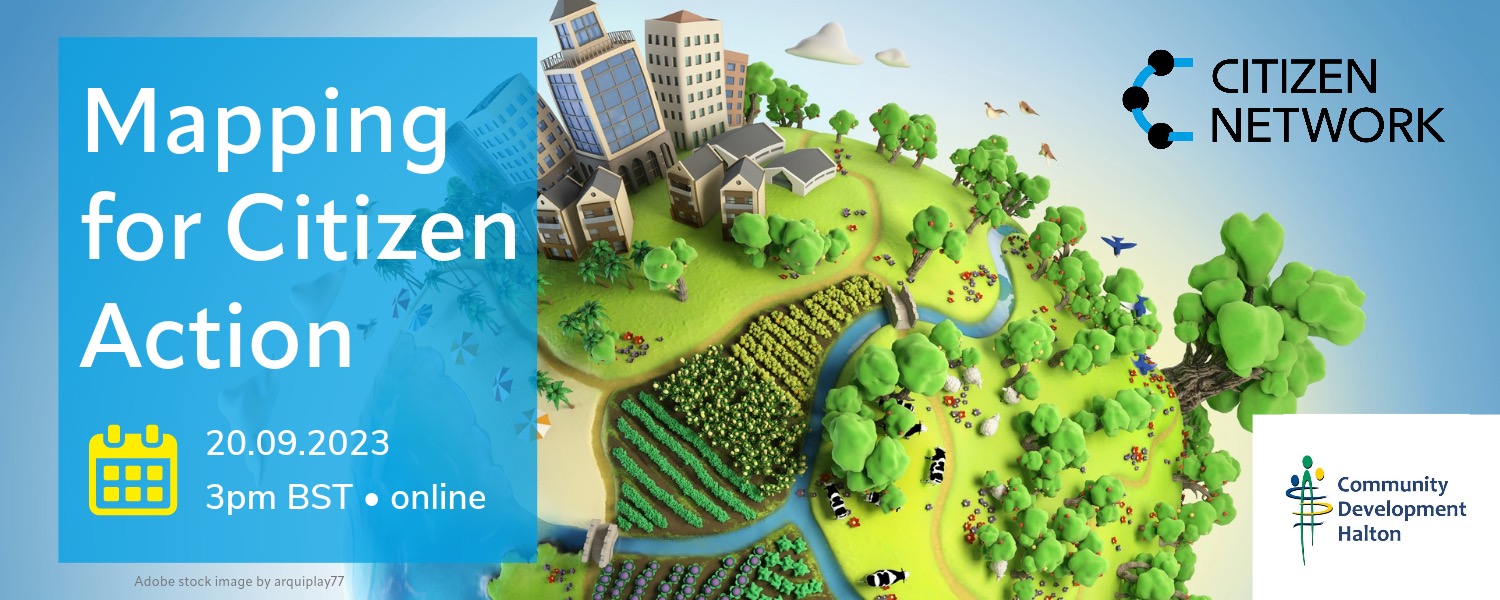 An image of an idyllic global world: a cityscape, beach, farmland, trees, hills, wildlife, sea. With a banner inviting you to an event called: Mapping Citizen Action with Citizen Network on 20 September 2023 online.