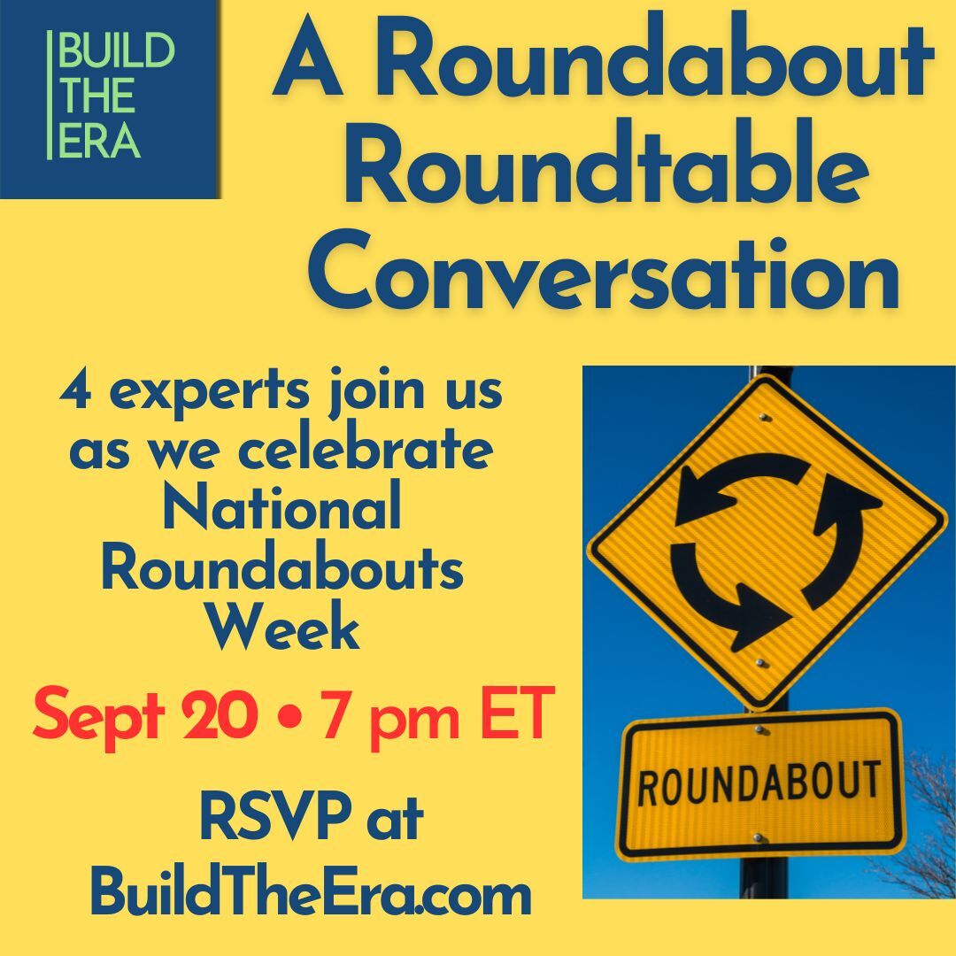 A photo of a roundabout road sign next to the event details: A Roundabout Roundtable Conversation. 