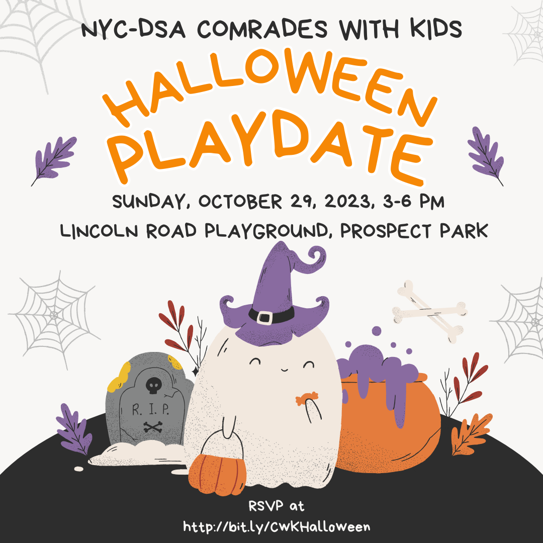 Smiling cartoon ghost holding a trick-or-treating pumpkin basket, with event information above.
