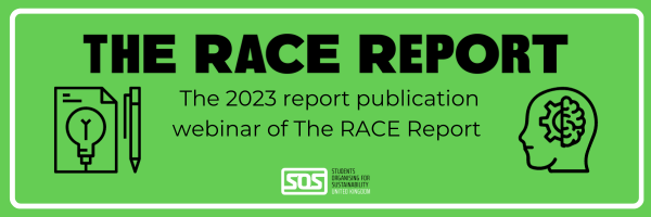 Image text 'The 2023 report launch webinar of The RACE Report'. Title 'The RACE Report'. Icon of paper with a lightbulb image and a pen. Icon of head with brain and cogwheel. Background is green with white border and sos-uk logo at the bottom 