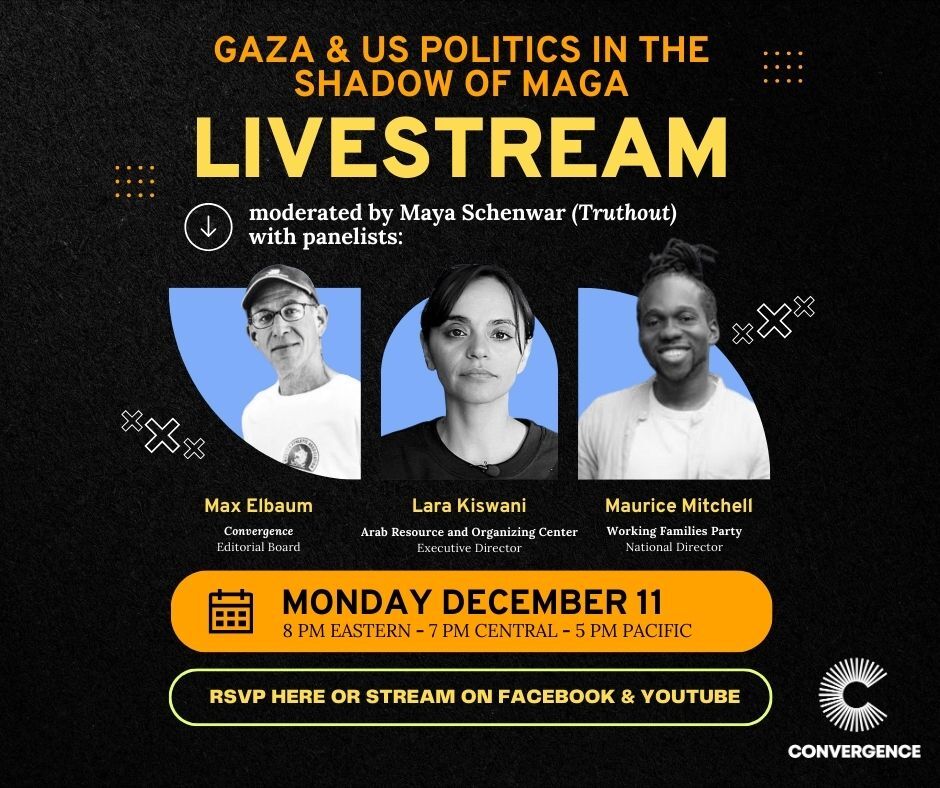 A banner image featuring logistical details of the livestream with images of speakers Max Elbaum, Lara Kiswani, and Maurice Mitchell.