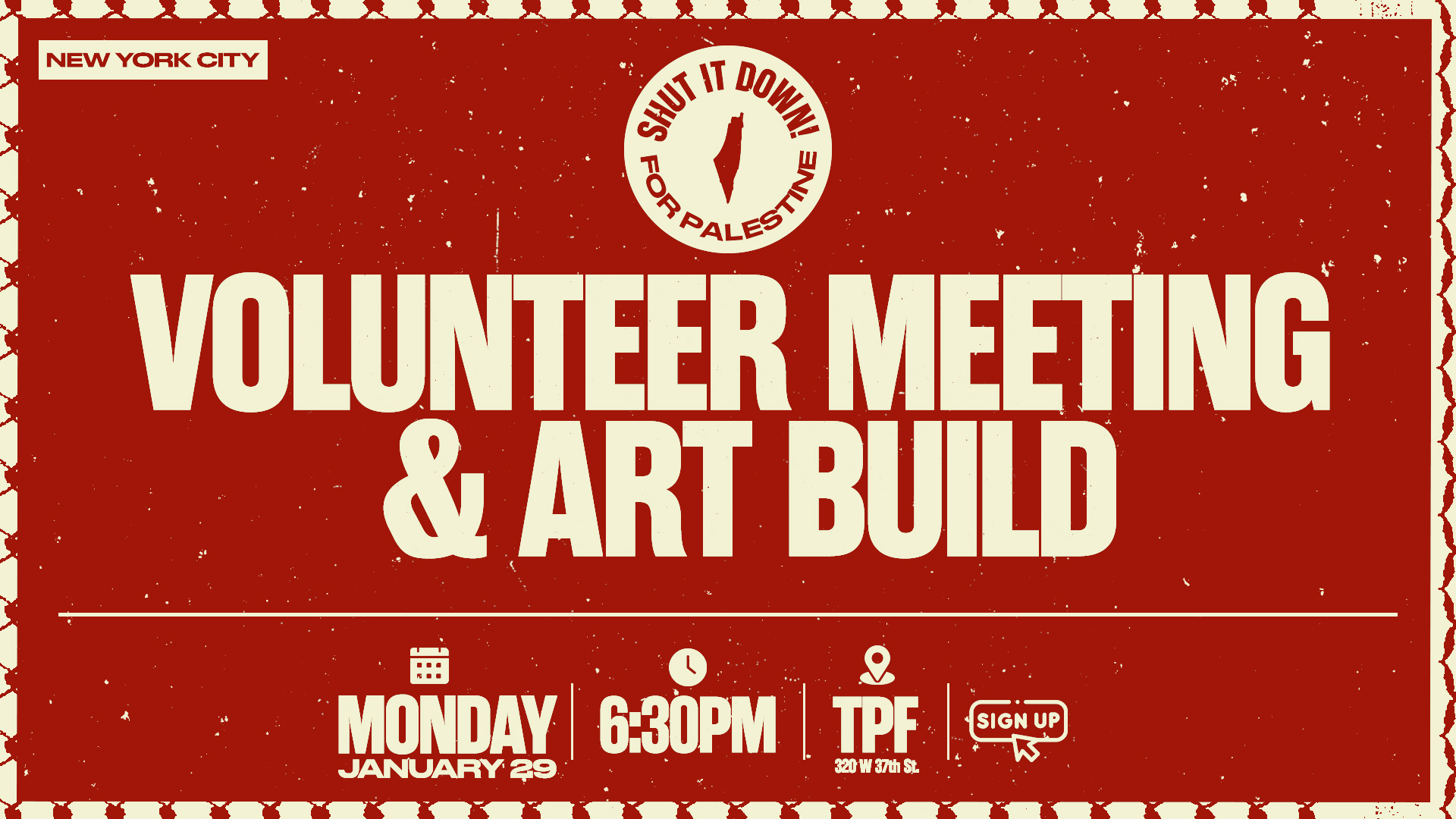 Red banner that reads VOLUNTEER MEETING & ART BUILD
