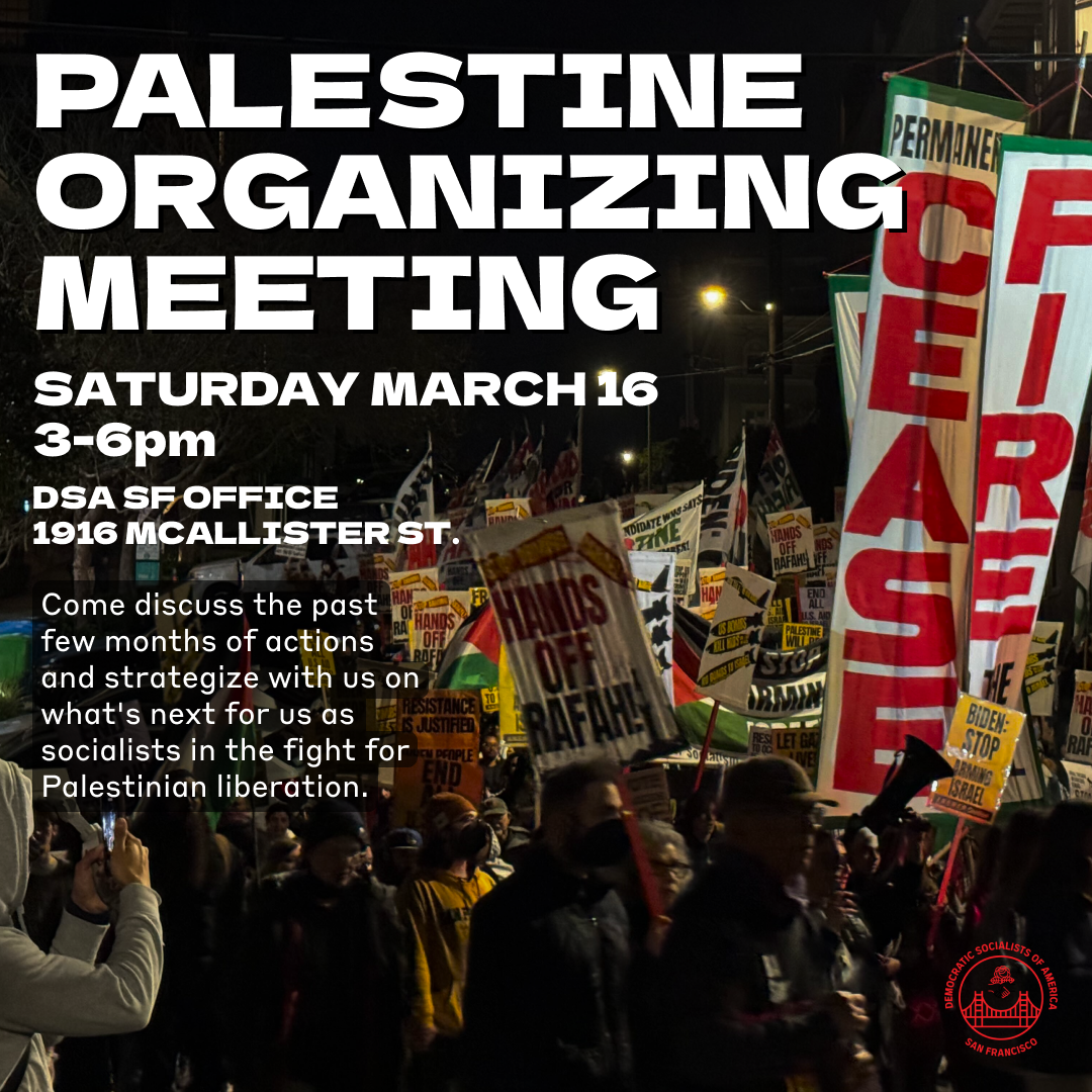 PALESTINE ORGANIZING MEETING. Saturday, March 16th, from 3:00pm to 6:00pm. Come discuss the past few months of actions and strategize with us on what's next for us as socialists in the fight for Palestinian liberation.