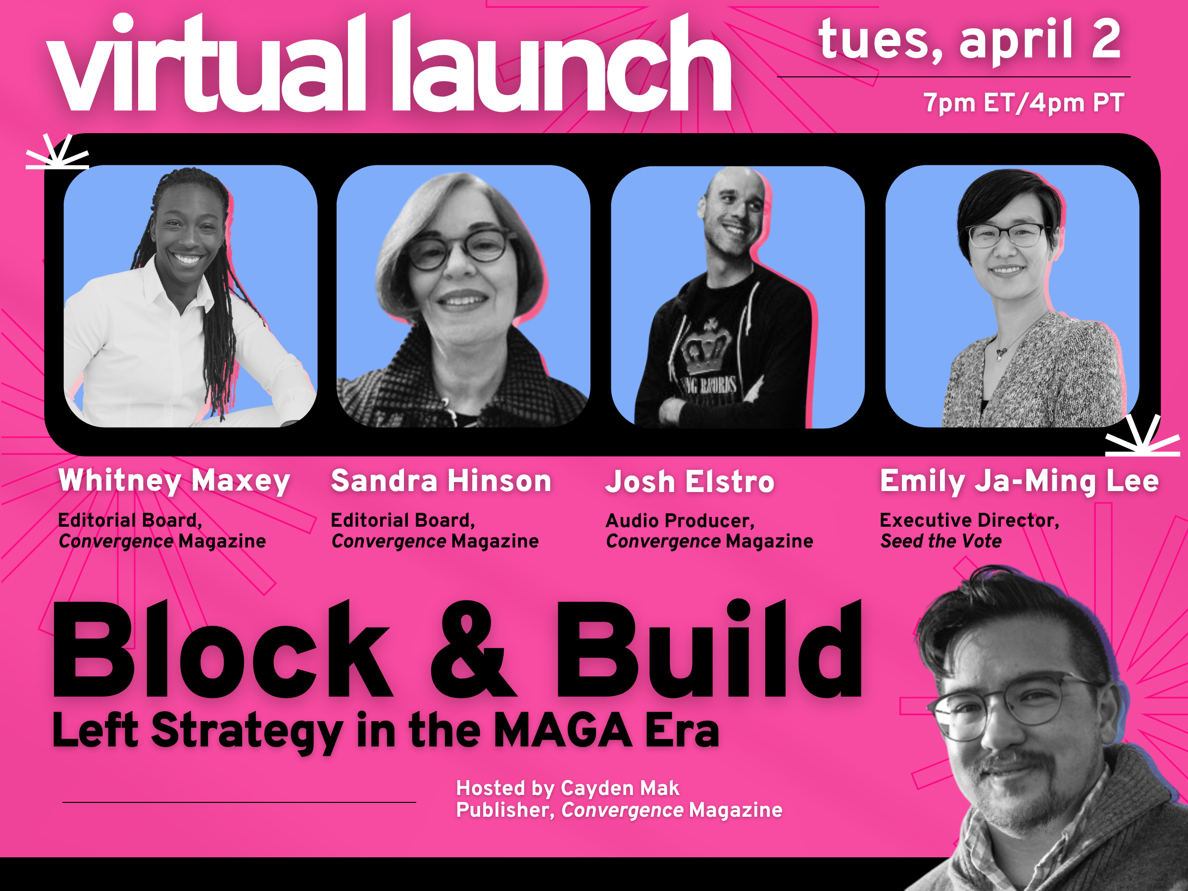 header graphic that features the date and time of the event and headshots of host Cayden Mak and panelists Whitney Maxey, Sandra Hinson, Josh Elstro, and Emily Ja-Ming Lee