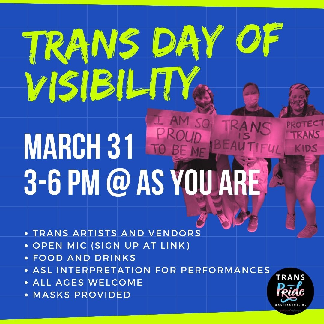 Banner invitation for Transgender Day of Visibility at As You Are hosted by Trans Pride Washington, DC