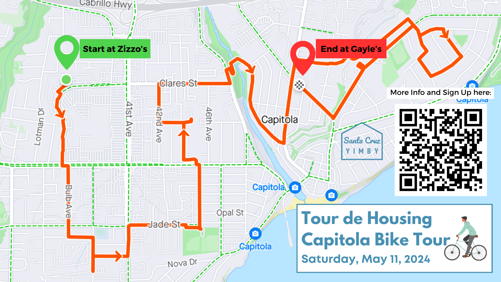 Map of Capitola Bike tour with start at Zizzos, end at Gayles, date of May 11, 2024 and QR code to register
