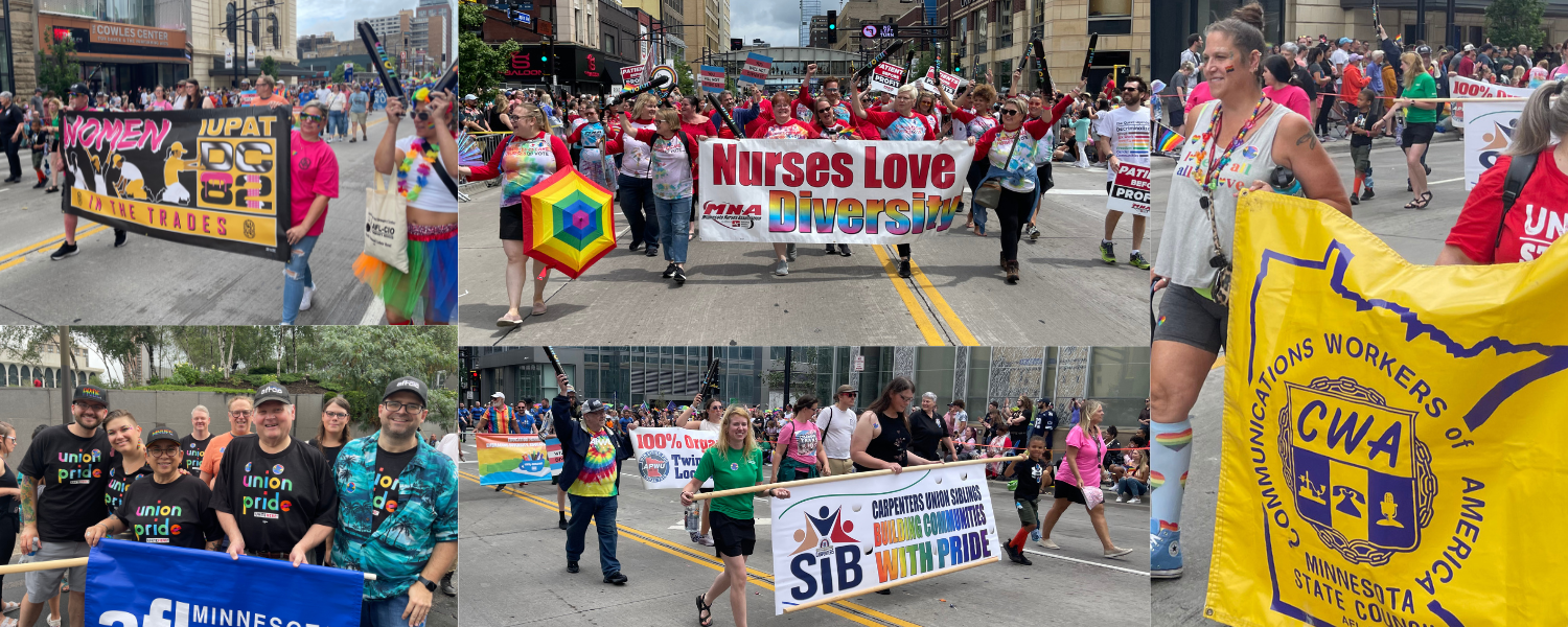 A collage of union members marching in 2023's parade.