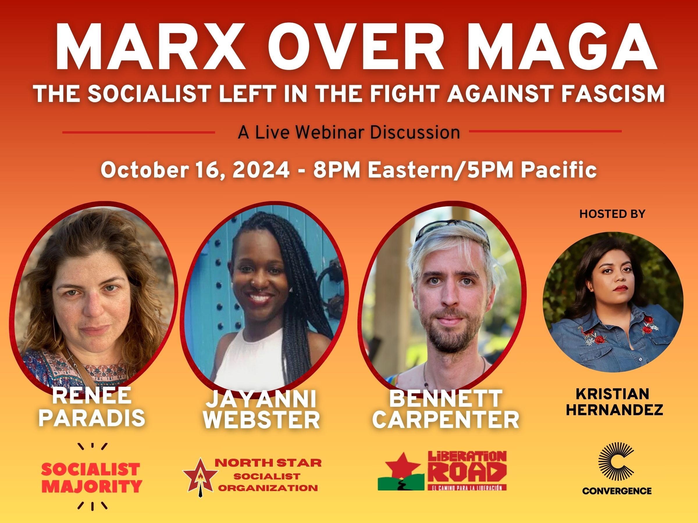A banner image featuring the three speakers (Renee Paradis, Jayanni Webster, Bennett Carpenter) and the moderator, Kristian Hernandez