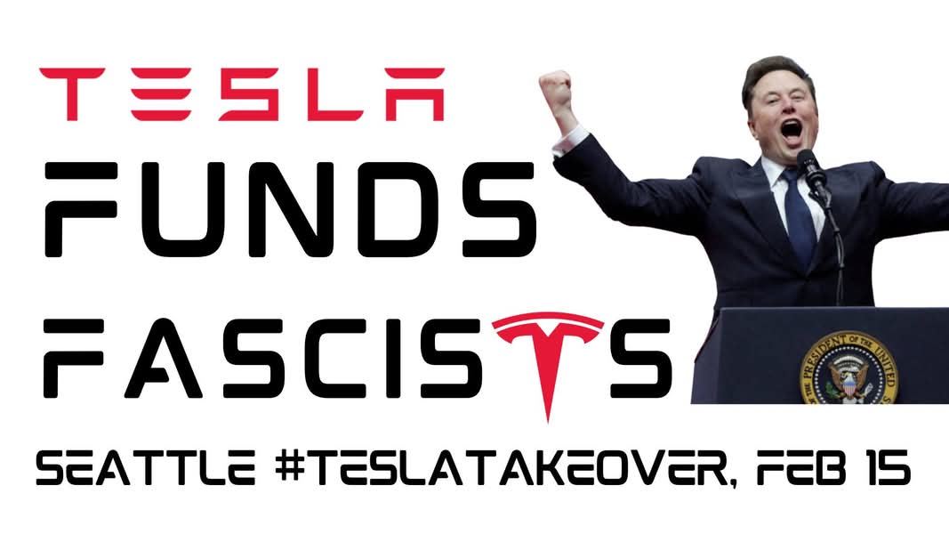 Image of Elon Musk and the event title Tesla Funds Fascists