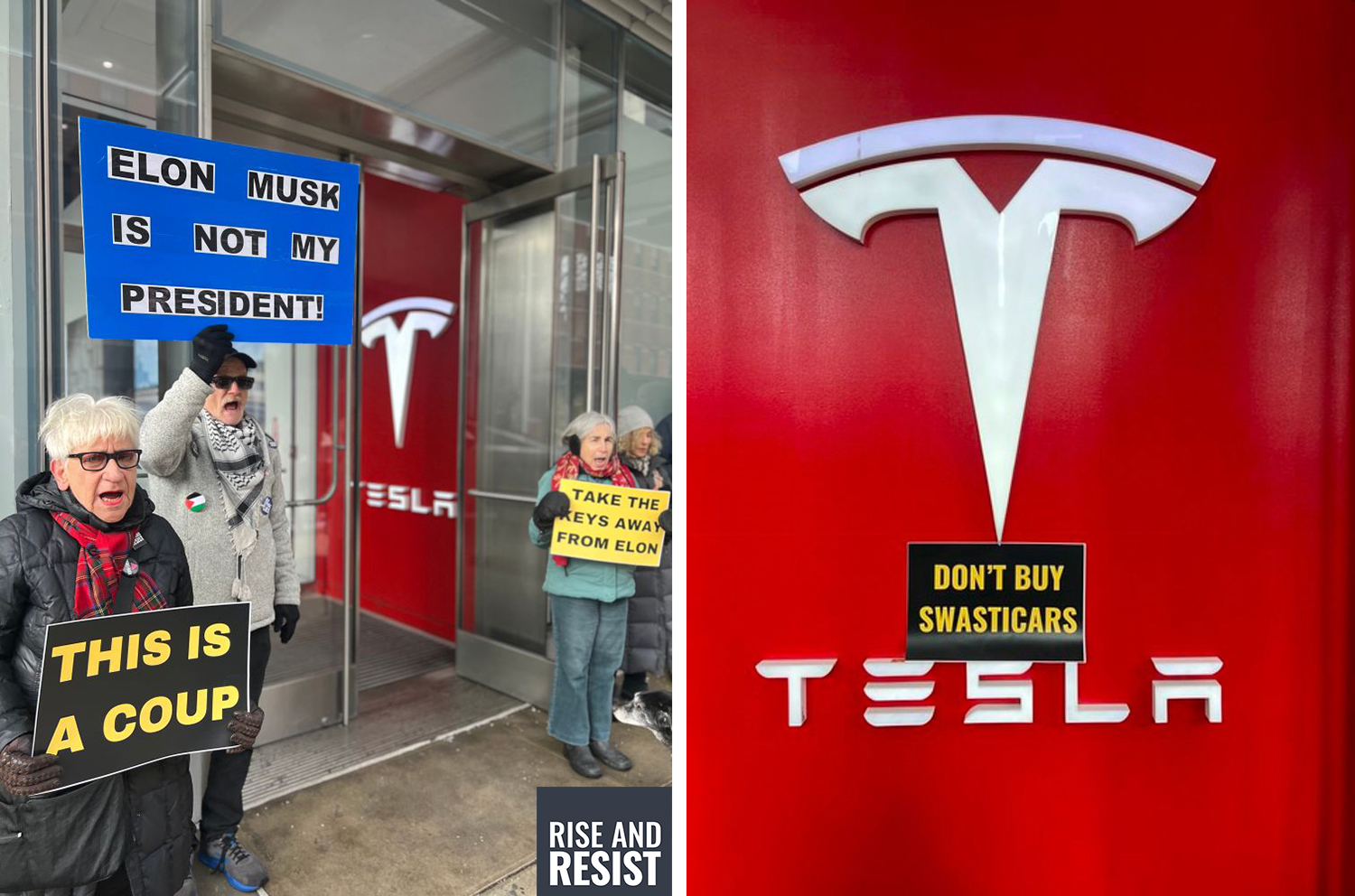 Protestors outside the Tesla showroom in the Meatpacking district in Manhattan.