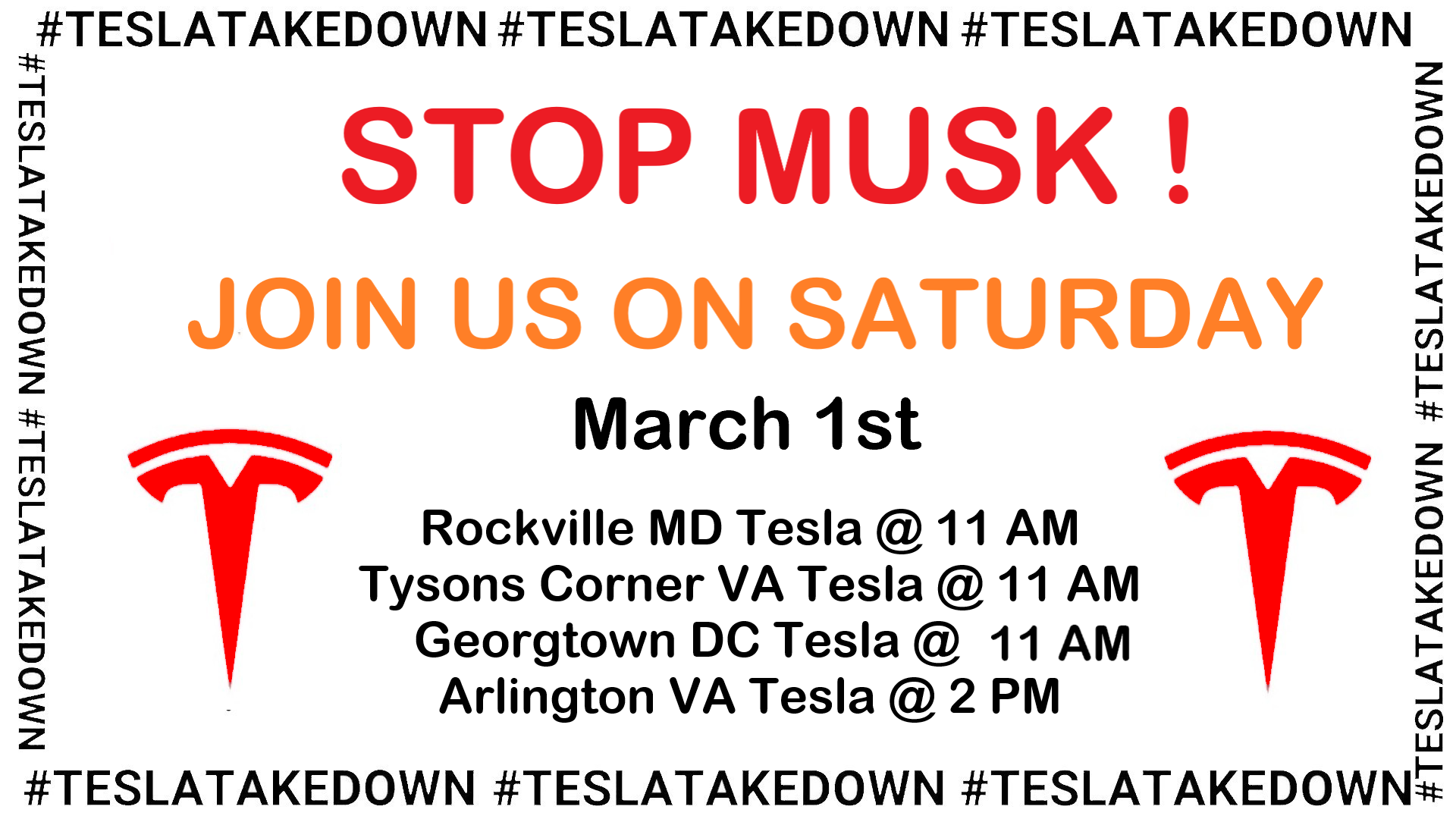 Tesla Takedown Banner March 1 Rockville, Tysons, Arlington, DC