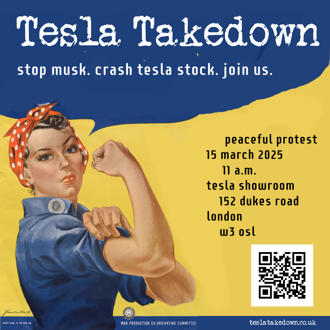 Flyer for a protest held March 15, 11:00 p.m. at the Park Royal Tesla showroom