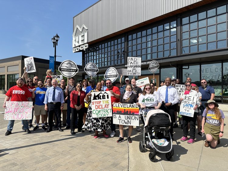 Image of an array of amazing trade unionists, local politicians, and REI workers in support of the REI campaign!