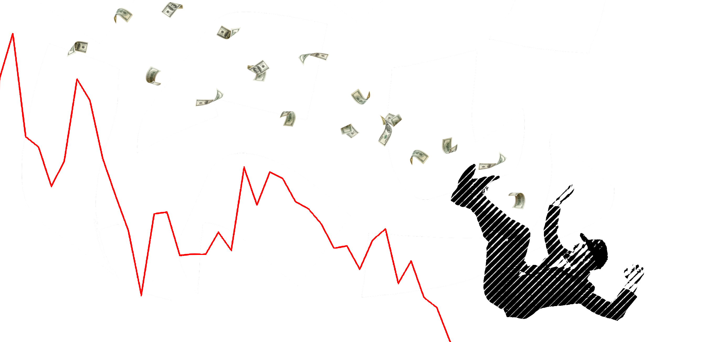 Image of a man in a suite with a baseball cap falling along a dropping stock value line
