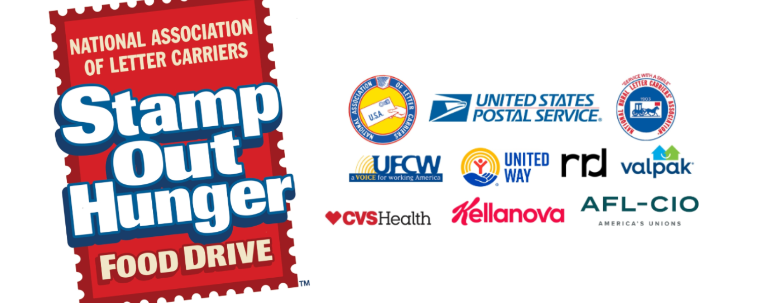 Image of a postage stamp with the Stamp Out Hunger food drive logo and affiliate partner logos
