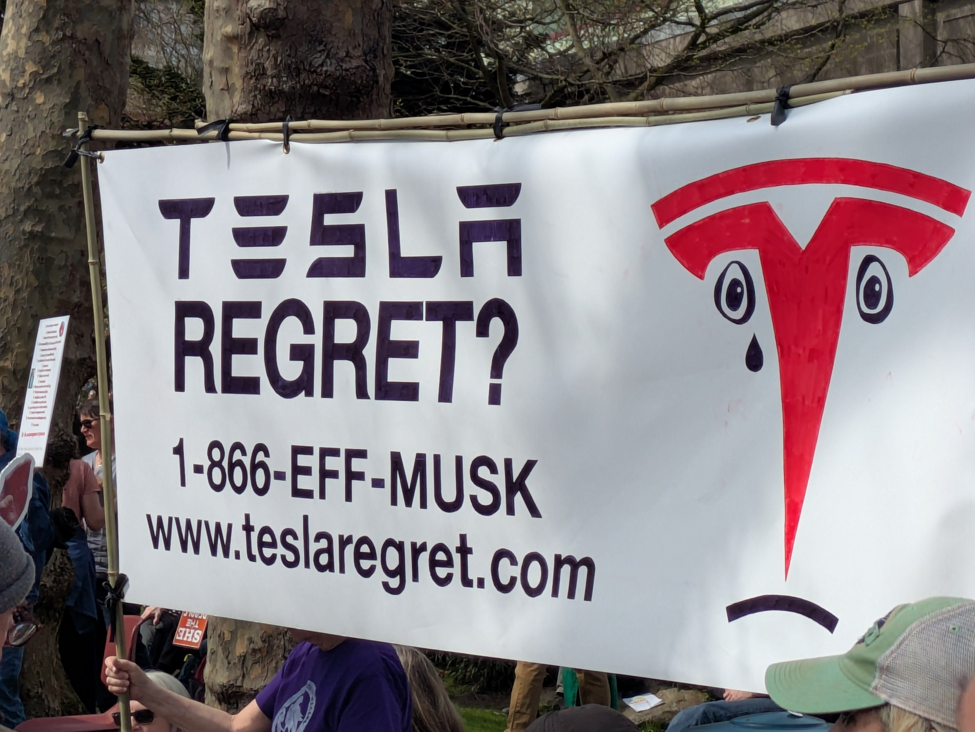 Banner reading Tesla Regret? 1.866.EFF.MUSK teslaregret.com with an image of the Tesla logo crying