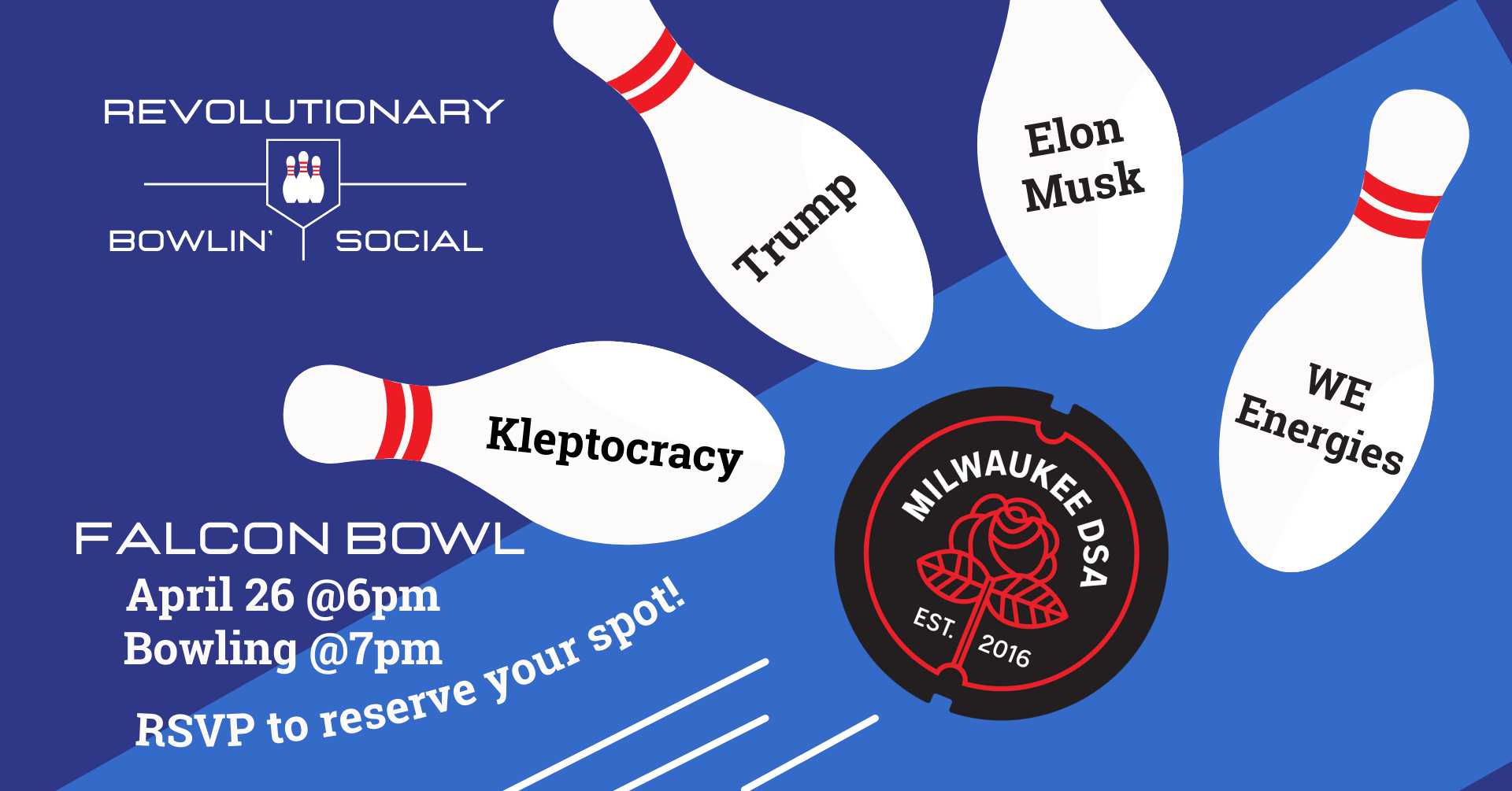 Graphic of a bowling ball striking pins with the event info