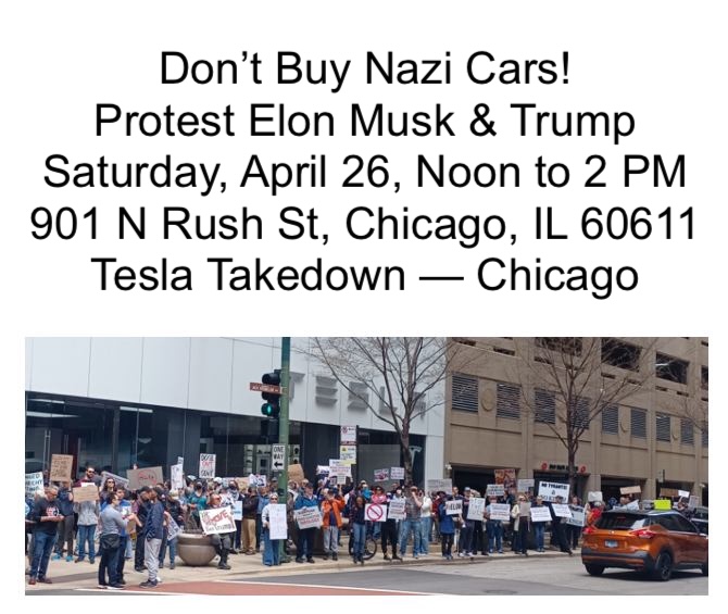 A large crowd gathers outside of the Tesla Chicago dealership with signs