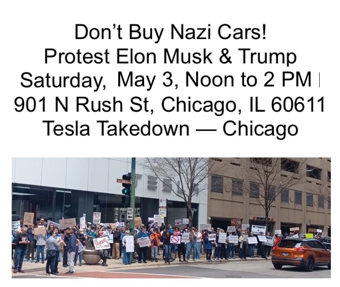 A large crowd gathers outside of the Tesla Chicago dealership with signs