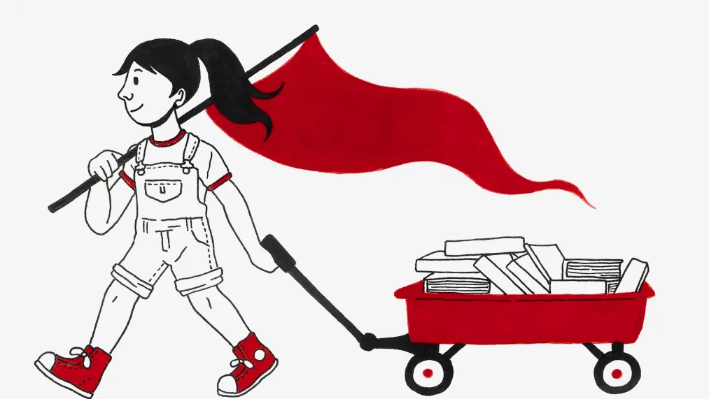 simple line illustration of a youthful ponytailed person shouldering a red flag and towing a red wagon filled with books