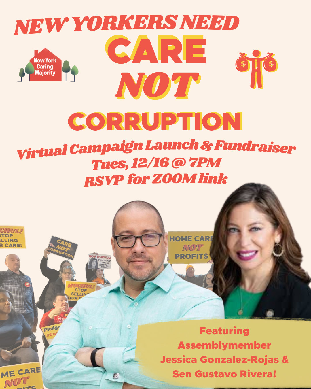 New Yorkers need care not corruption, virtual campaign launch and fundraiser, Tues 12/16 at 7pm