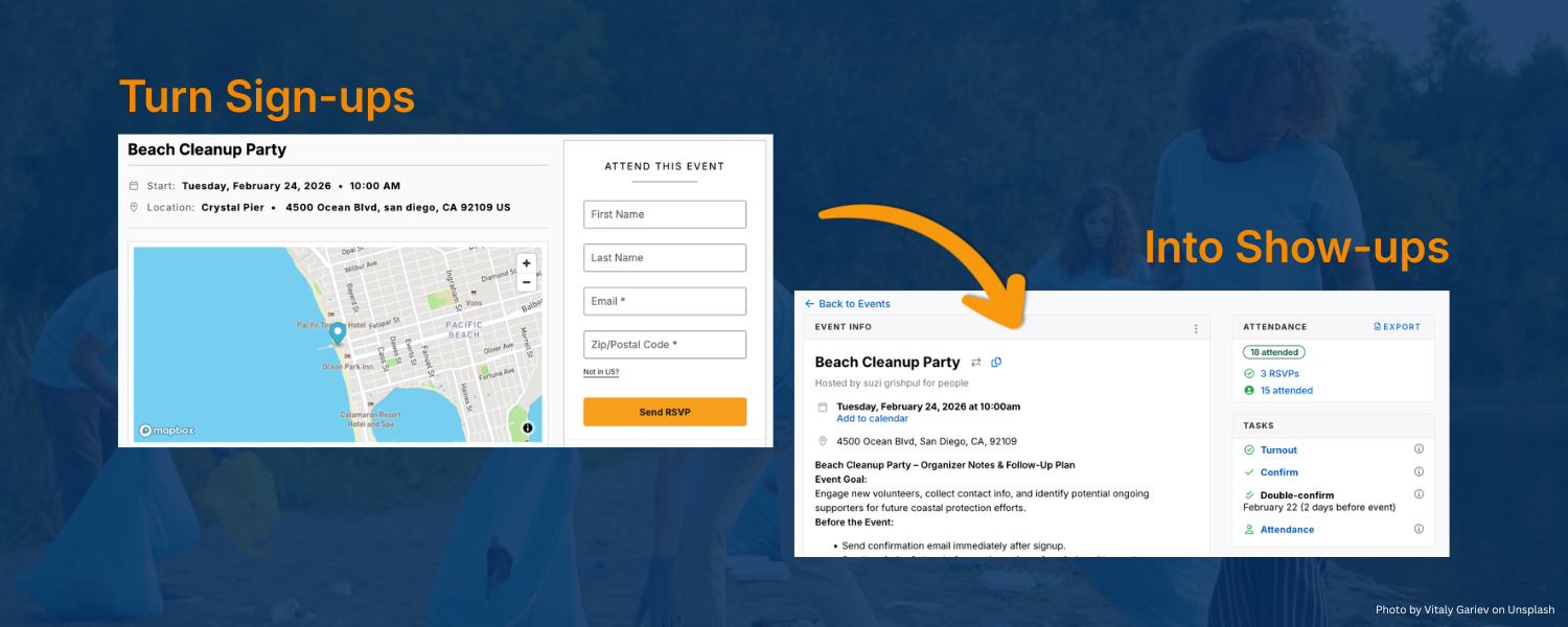 A screenshot of event sync on Action Builder