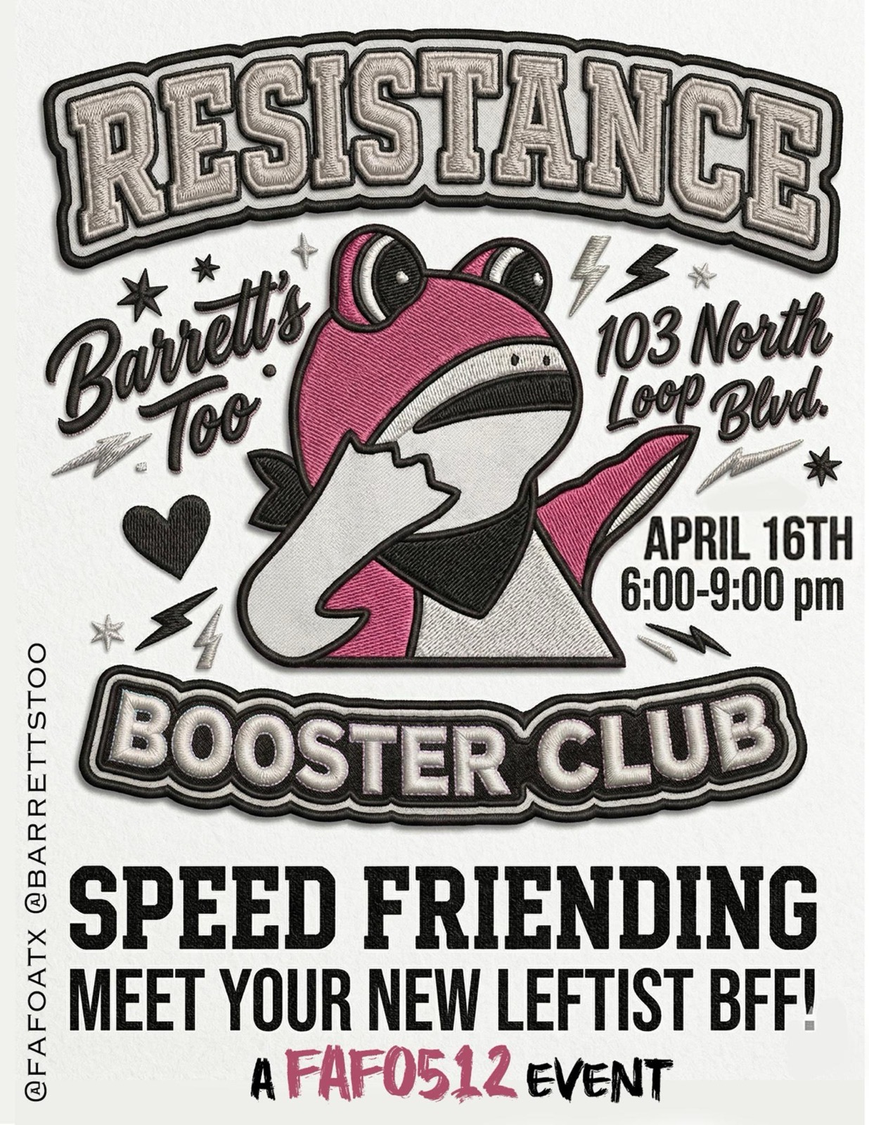 inflatable frog dabbing, text: resistance booster club meet your new leftist BFF 4/16 6-9pm