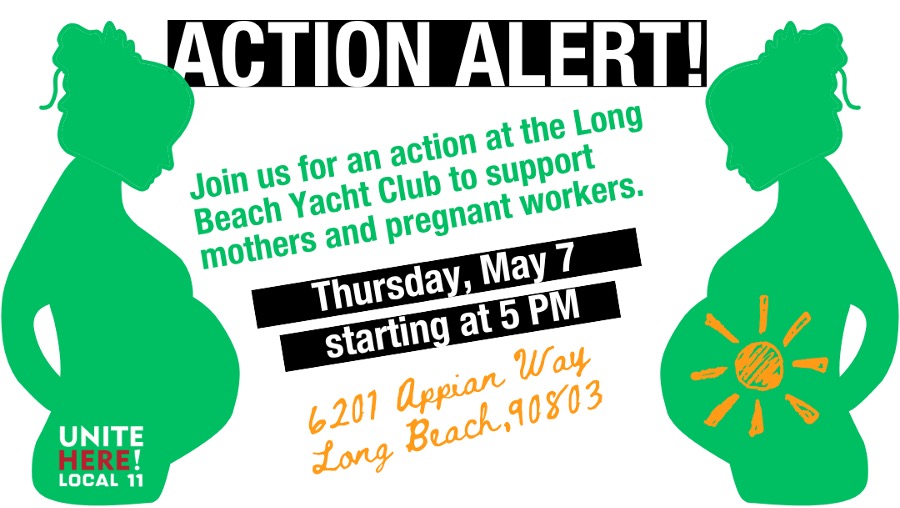 A green silhouette of a pregnant person in invitation to an action on Thursday, May 7, 2026 starting at 5PM at the Long Beach Yacht Club